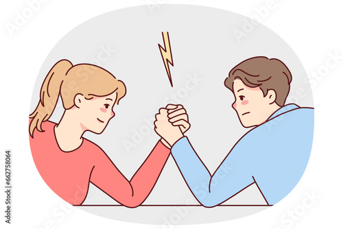 Man and woman arm wrestling decide leadership and dominance. Male and female cartoon characters demonstrate strength and power. Vector illustration.