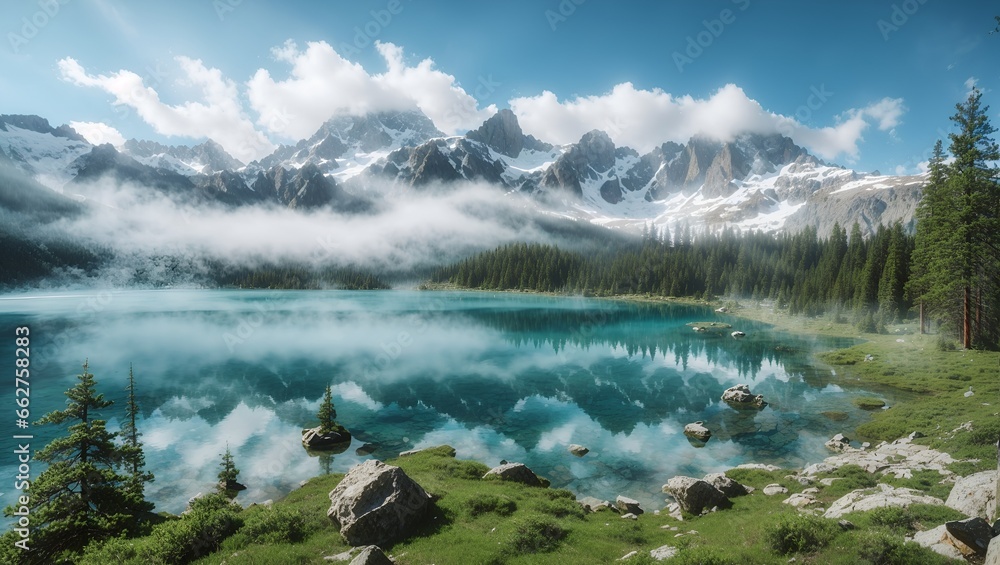 photo of the lake with clear water in the middle of the forest against the background of mountains made by AI generative