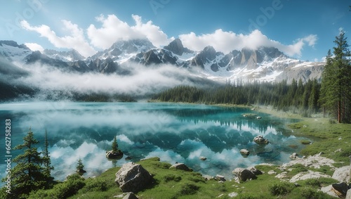 photo of the lake with clear water in the middle of the forest against the background of mountains made by AI generative