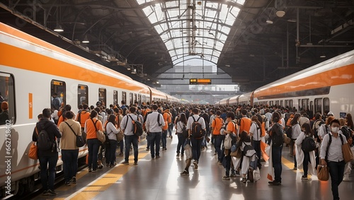 photo of a view of a train station during busy rush hour made by AI generative