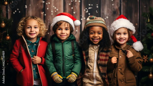 Group of diverse smiling cute kids in various Santa hats, having fun on Christmas holidays, standing by festive decorations. Embodying the spirit of unity, friendship, and cherished childhood moments
