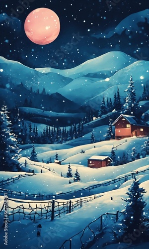 christmas landscape,snowy midnight scene in winter
