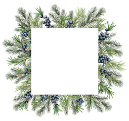Christmas watercolor square floral frame. Winter border for greeting card, invitation. Hand drawn style botanical illustration isolated on white background. Juniperus, fir tree and eucalyptus branches