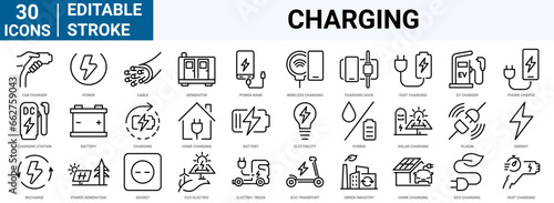 set of 30 line icons charging, battery related. car charging station, recycling, phone charging. Collection of Outline Icons. Vector illustration.