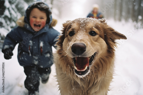 Happy boy playing with dog in winter park. Winter fun. AI generated © k_e_n