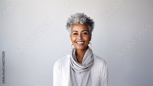 Portrait of beautiful african american woman with grey hair smiling and looking at camera. AI generated photo