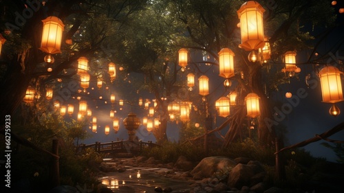 Ethereal glowing lanterns light mossy stone path photography image Ai generated art