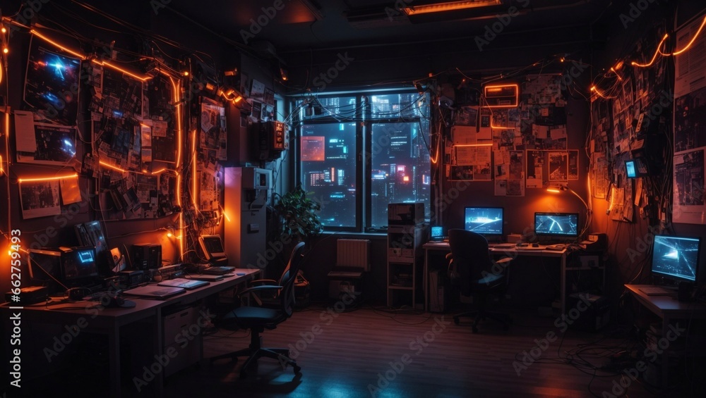 
photo of a dark room with lots of posters on the wall with orange LED accents and lots of equipment, made by AI generative