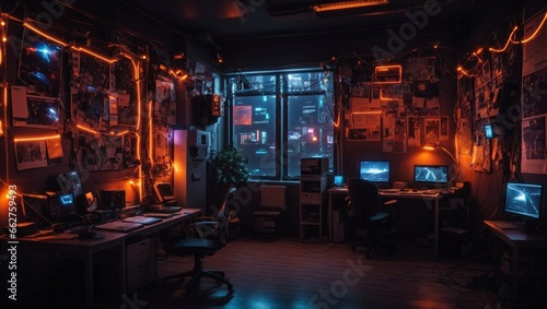  photo of a dark room with lots of posters on the wall with orange LED accents and lots of equipment, made by AI generative