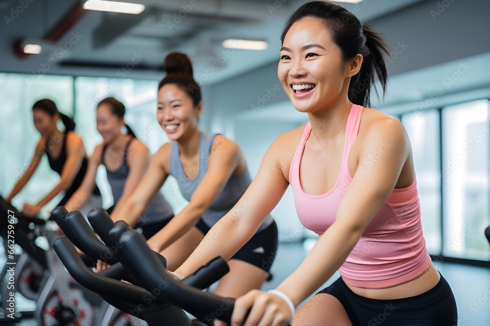 Group of sporty people having spinning class at gym. Sport, lifestyle and healthcare concept Group of sporty people having spinning class at gym. Sport, lifestyle and healthcare concept