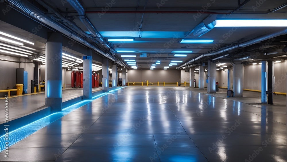 clean underground parking scene photos with blue led lights made by AI generative