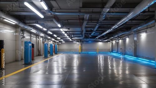 clean underground parking scene photos with blue led lights made by AI generative