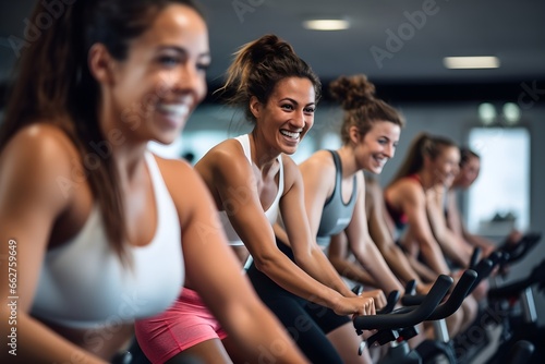 Group of sporty people having spinning class at gym. Sport, lifestyle and healthcare concept