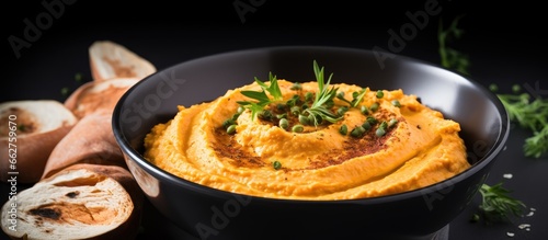 Gray bowl with sweet potato hummus With copyspace for text