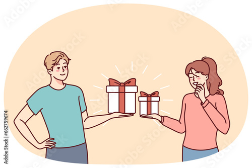 Happy couple exchange presents for valentine day. Smiling man and woman make surprise give gifts on special occasion. Vector illustration.