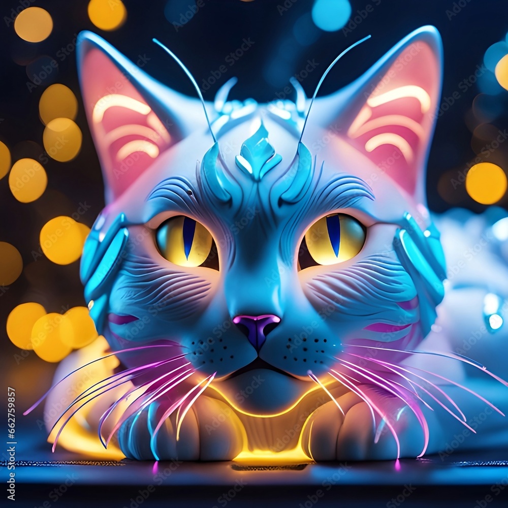 A close-up of a cat with glowing lights in the background
