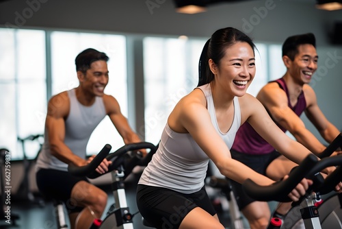 Group of sporty people having spinning class at gym. Sport, lifestyle and healthcare concept