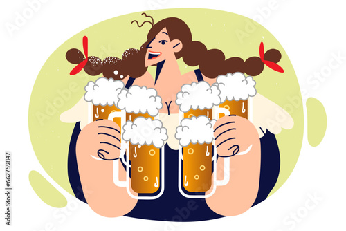 Woman waiter carries mugs filled with foaming beer and smiles, inviting guests to new bar or tavern