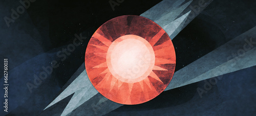 illustrazione astratta di sole rosso in un cosmo freddo e scuro, arte contemporanea
