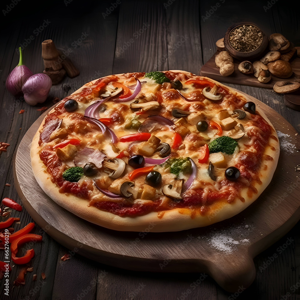 Pizza with mushrooms- tomatoes- olives and onion on wooden background