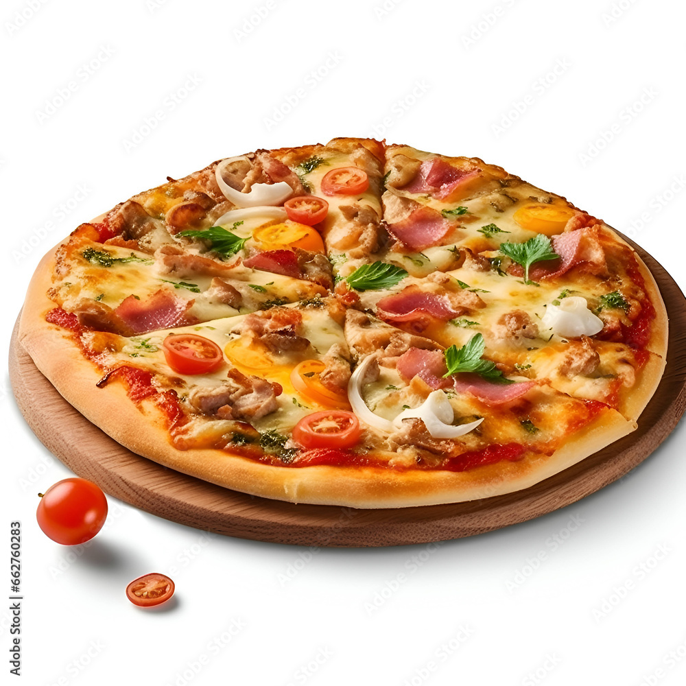 Pizza with ham- mozzarella and tomatoes isolated on white background