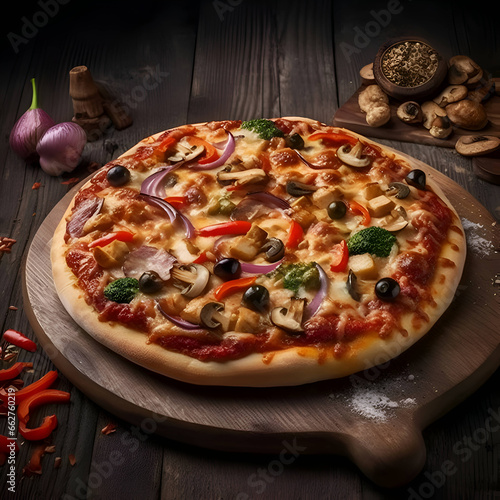 Wallpaper Mural Pizza with mushrooms- tomatoes- olives and onion on wooden background Torontodigital.ca