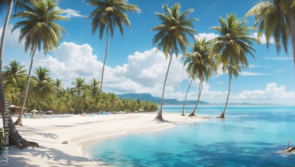 photo of a white sand beach with lots of coconut trees against a blue sea background, made by AI generative