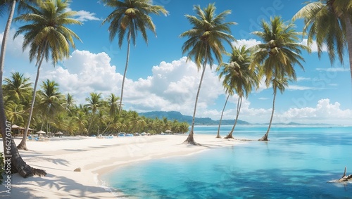 photo of a white sand beach with lots of coconut trees against a blue sea background  made by AI generative
