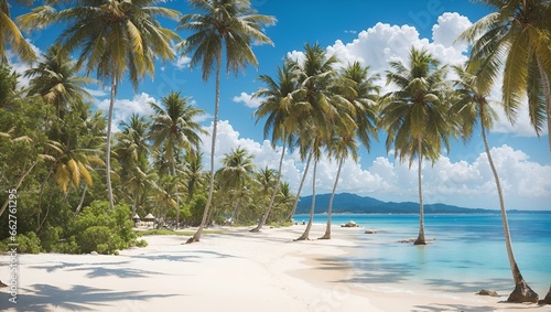 photo of a white sand beach with lots of coconut trees against a blue sea background, made by AI generative © M.Taufiq