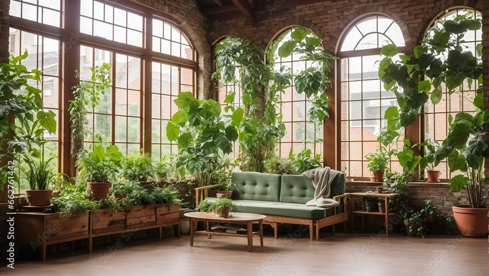 photo of a view of a relaxing room in a classic style with lots of windows and decorative plants, made by AI generative photo of a view of a relaxing room in a classic style with lots of windows and decorative plants, made by AI generative