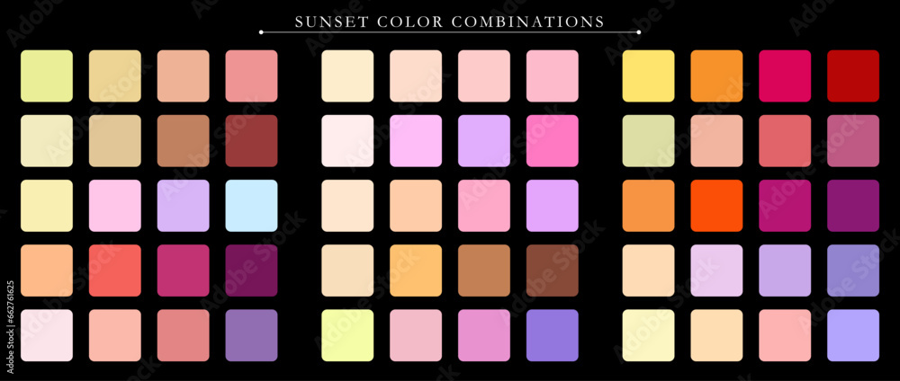 Sunset palette. Trend color palette guide template. An example of a color palette. Forecast of the future color trend. Match color combinations. Vector graphics. Eps 10.