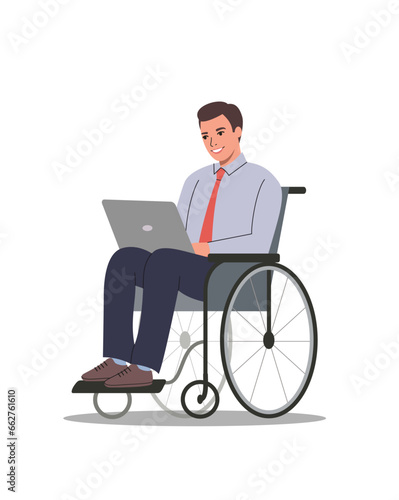 Young businessman in wheelchair working on laptop. Vector flat style cartoon  illustration