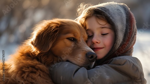 Therapy dog providing emotional and mental support to a child dealing with psychological ADHD, anxiety, or depression. The dogs calming presence helps child cope with their mental health struggles. photo
