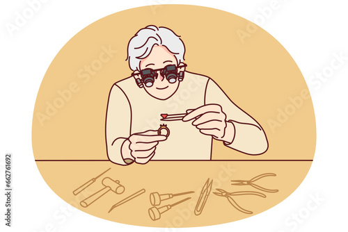 Jeweler in glasses working with rings and diamonds. Old man work with gems for jewelry at workplace. Vector illustration.