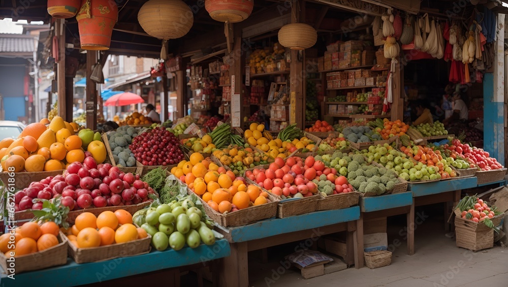 photo of traditional Asian fruit and vegetable market, made by AI generative