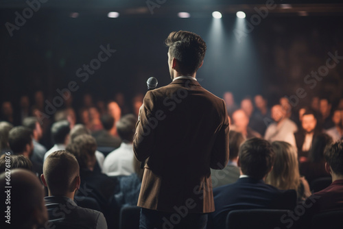 Backview of a Stylish Young Businessman in a Dark Crowded Auditorium at a Startup Summit, Young Man Talking to a Microphone During a Q and A session, Entrepreneur Happy with Event Speaker © alisaaa