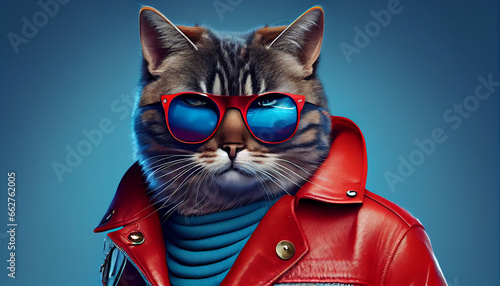Cool looking cat wearing funky fashion dress - bright red jacket, vest, sunglasses. Wide blue banner with space for text right side. Stylish animal posing as supermodel © SardarMuhammad