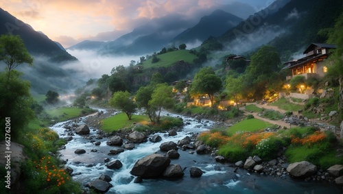 photo of a view of a valley with a river with clear flowing water with lots of colorful flowers with a mountain background  made by AI generative
