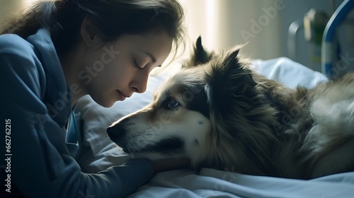 Loyal dog as emotional and mental support to hospital patient. Strong friendship offers support and psychological assistance. Therapeutic benefits of animal companionship in healthcare settings. photo