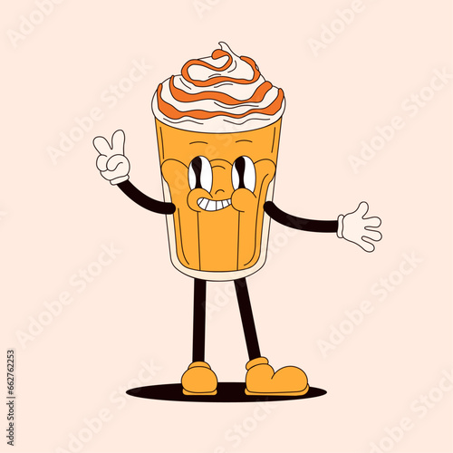 Coffee caramel frappuccino character in groovy style. Vintage funny coffee glassful. Cartoon vector illustration.