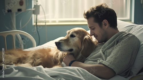 Loyal dog as emotional and mental support to hospital patient. Strong friendship offers support and psychological assistance. Therapeutic benefits of animal companionship in healthcare settings. photo