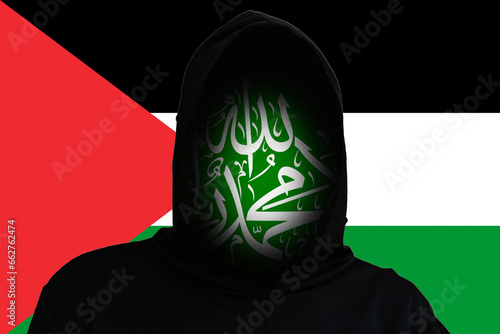 Incognito terrorist on the Flag Palestine background. Hamas between Israel and Palestine. Israel Palestine war. World crisis in Middle East. Rebellion. Rebel militant terrorist guerrilla concept