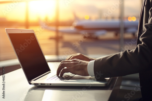 Businessman using laptop at the Airport with airplane background.