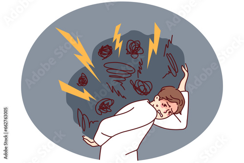Tired man carrying huge boulder of problems on back. Unhappy exhausted guy with burden of anxiety and overthinking. Stress free life concept. Vector illustration.