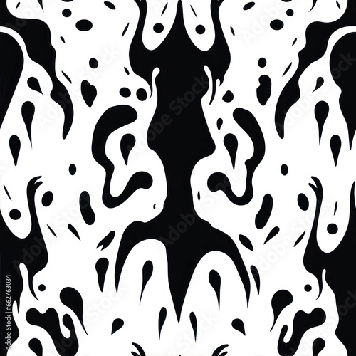 Seamless pattern with black and white paint splashes on black background ink blot patterns