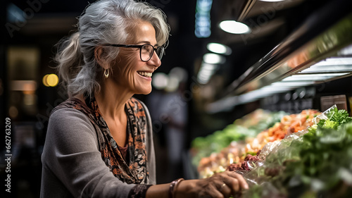 Mature woman shopping in grocery store. Side view choosing fresh fruits and vegetables in supermarket. Shopping concept © Shubby Studio