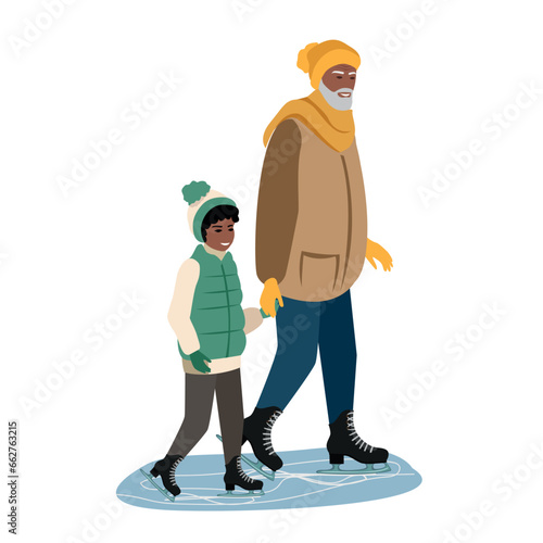 Grandfather with grandson on an ice skating rink. Active retirees and time with grandson. Winter active recreation. Vector illustration isolated on white background.