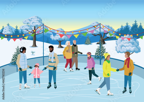 People of different ages and nationalities skate on the ice rink outdoors. Active winter sports and recreation. Vector illustration on a white background.