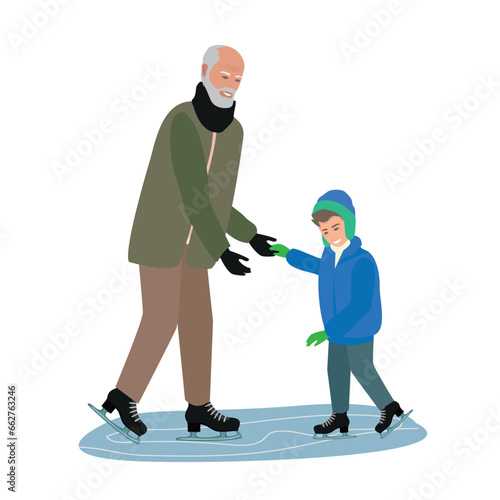 Grandfather with grandson on an ice skating rink. Active retirees and time with grandson. Winter active recreation. Vector illustration isolated on white background.
