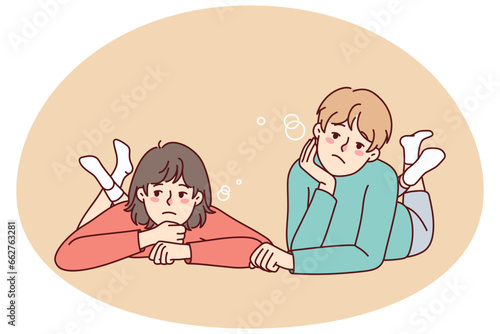 Bored little kids lying on ground feel lazy and unmotivated. Unhappy sad children show boredom and laziness. Childhood lifestyle. Vector illustration.